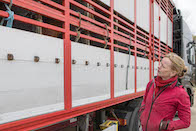woman looking up at a live animal export truck